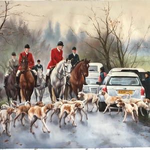 Traditional English Fox Hunting Scene - Original Hand-Painted Equestrian Art with Hounds and Riders 36 x 48 inches