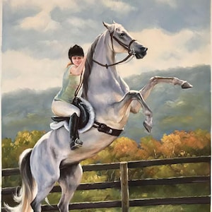 Rider and Rearing White Stallion in Scenic Landscape - Equestrian Wall Art - Original Oil Painting