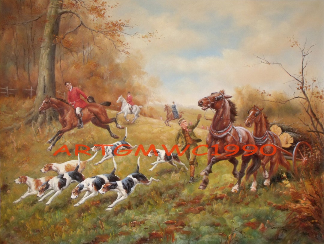 A Hunt in the Foreground – Large Fox Hunting Equestrian Oil