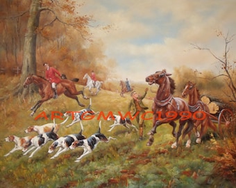 A Hunt in the Foreground – Large Fox Hunting Equestrian Oil