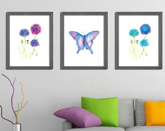 Watercolor Art Print Set of 3 Flowers and Butterfly, Colorful Wall Art, Home Decor, Watercolor Prints, Blue and Purple Art