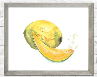 Kitchen Wall Art, Fruit Watercolor, Kitchen Print, Melon Watercolor Painting, Cantaloupe Botanical Watercolor, Kitchen Wall Decor