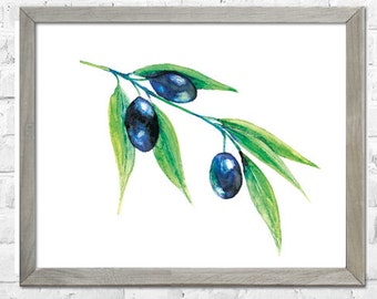 Olives Watercolor Print, Kitchen Art, Fruit Art Print, Botanical Watercolor Painting, Black Olives, Kitchen Wall Decor