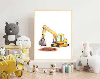 Excavator Watercolor Print: Construction Nursery Art, Boy Room Decor