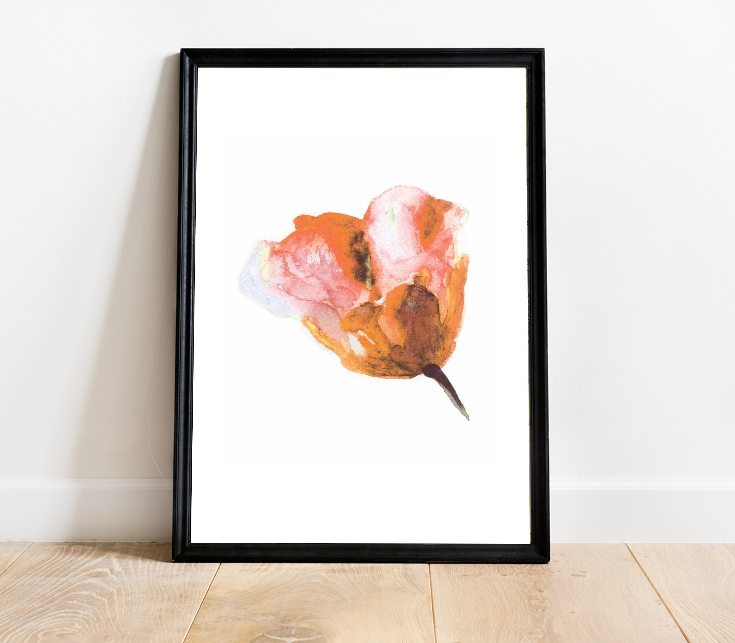 オレンジ色の水彩画の花のアートプリント：抽象的な花の壁飾り - Etsy 日本