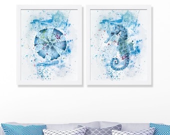 Nautical Wall Art Set of 2 Prints,  Watercolor Painting, Nursery Decor, Sea Animals Art, Ocean Art, Living Room Art, Sea Art Print