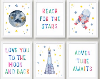 Outer Space Watercolor Art Prints: Rocket, Astronaut, Moon - Set of 6