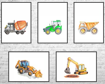 Kinderkamerprints bouwvoertuig: transportkunst, set van 5