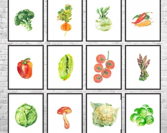 Vegetables Kitchen Decor, Vegetables Print, Vegetables Kitchen Art, Kitchen Poster, Food Art, Kitchen Set of 12 Prints, Modern Decor