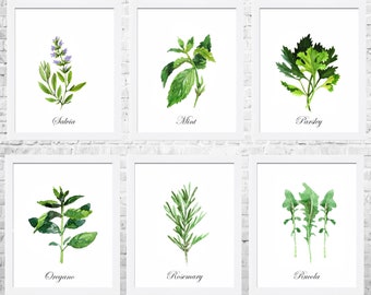 Herbs Watercolor Painting, Kitchen Wall Art Set of 6 Prints, Kitchen Poster Print, Watercolor Herbs Prints, Food Art, Kitchen Paintings