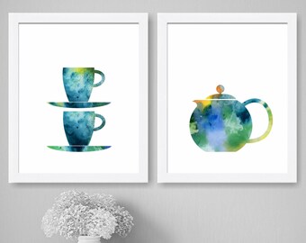 Tea and Coffee Watercolor Kitchen Prints Set of 2, Fine Art Paper