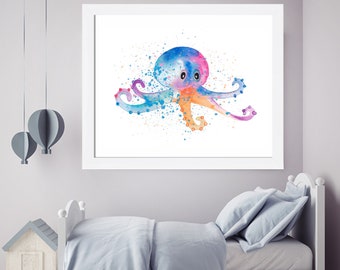Stampa acquerello di polpo: decorazione murale nautica per la cameretta dei bambini