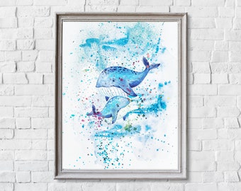 Acuarela de delfines para habitación infantil, lámina náutica azul