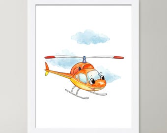 May include: A framed print featuring a cartoon helicopter in flight. The helicopter is orange and yellow with a smiling face, set against a light blue cloud and white background. The artwork is in a watercolor style.