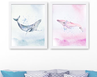 Whales Set of 2 Prints, Whales Wall Art, Whales Watercolor Painting, Nursery Decor, Sea Animal Art, Ocean Art, Sea Art Print, Blue Pink art