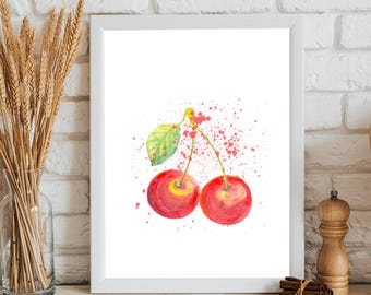 Könnte beinhalten: Aquarellmalerei von zwei roten Kirschen mit grünen Blättern und weißem Hintergrund mit roten Spritzern.