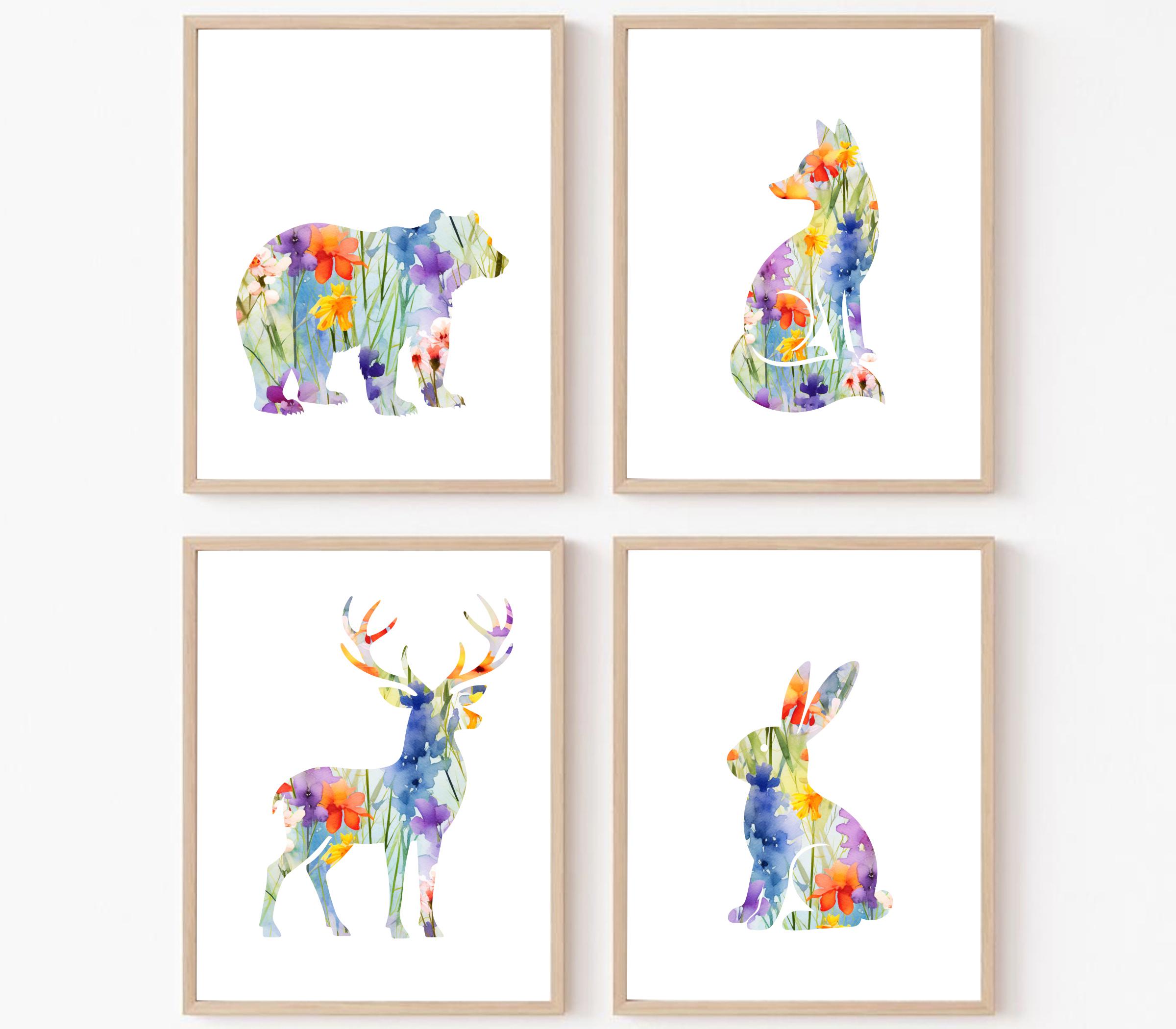Floral Woodland Nursery Prints, Watercolor Forest Animals Wall Art Set