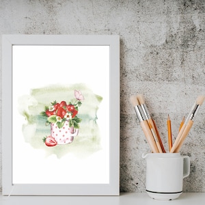 Erdbeeren Aquarell Malerei, Küche Wand Kunst Druck, Blumenstrauß Obst Aquarell, Erdbeeren Botanisches Aquarell, Küche Wand Dekor