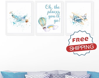 Airplane Nursery Art Prints: Set of 3 Transportation Wall Decor