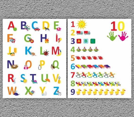 Alfabeto e numeri Arte da parete, Stampe alfabeto per bambini, Stampe per  bambini, Stampe per bambini, Arte murale numeriche, Stampe per sale giochi,  Set di stampe moderne per l'infanzia di 2 