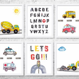 Rescue Vehicles Prints, Construction Nursery Art, Nursery Poster, Trucks Prints, Construction Decor, Nursery Wall Art Set of 6 Prints