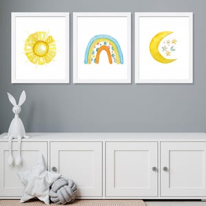 Watercolor Sun Moon Rainbow Prints: Neutral Nursery Decor Set