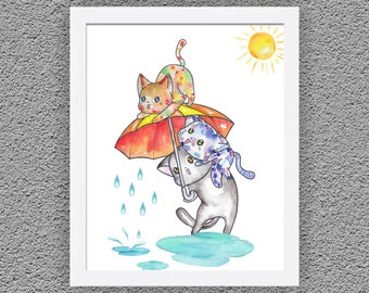Cats Art Print, Cat Watercolor Painting, Watercolor Animal, Cats Poster, Cat Decor, Wall Cat Picture, Nursery Wall Decor, Home Decor