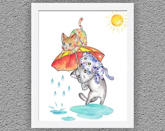 Stampa artistica di gatti ad acquerello: stravagante decorazione da parete per la cameretta dei bambini