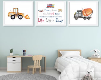 Transportation Nursery Wall Art Set of 3, Watercolor Truck Train Prints, Boys Room Decor, Vehicle Wall Art, Physical Prints