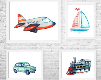 Transportation Nursery Decor, Transportation Art, Airplane Plane Train Boat Car, Nursery Wall Art, Kids Art, Nursery Decor, Set of 4 Prints
