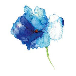 May include: A watercolor painting of a single blue flower with a green stem. The flower has a light blue center and is painted in a loose, abstract style.