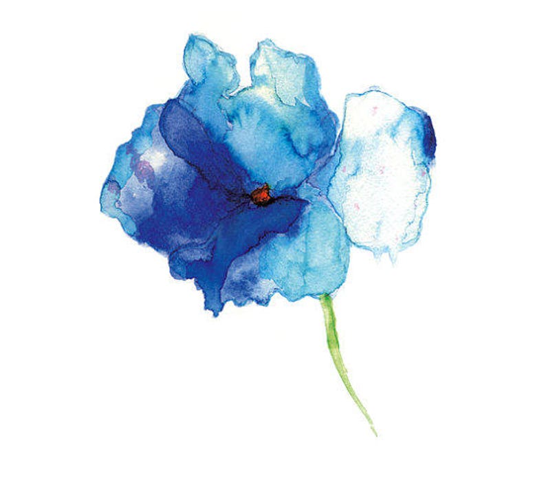 May include: A watercolor painting of a single blue flower with a green stem. The flower has a light blue center and is painted in a loose, abstract style.