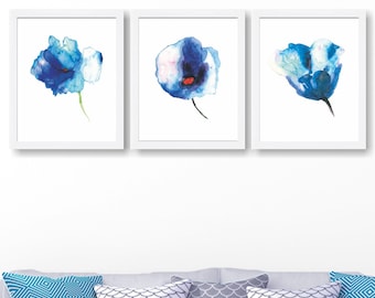 Blue Flowers Watercolor Painting, Art Prints Set of 3 Flowers, Blue Wall Art, Home Decor, Watercolor Prints, Bedroom Decor, Nursery Wall Art