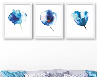 Láminas de acuarela de flores azules: juego de 3, decoración floral para pared