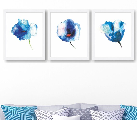 Blue Flower Watercolor Art Prints: Set of 3, Floral Wall Decor