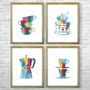 Watercolor Coffee Art Prints, Kitchen Wall Decor Set of 4
