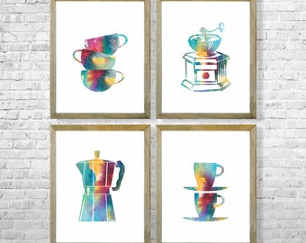 Watercolor Coffee Art Prints, Kitchen Wall Decor Set of 4