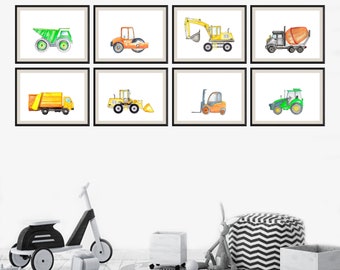 Láminas de arte para guardería de construcción: Decoración de camiones, juego de 8
