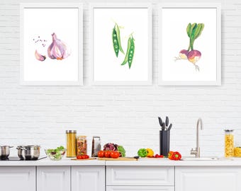 Gemüse Aquarell Kunstdrucke: Küche Stillleben 3er Set