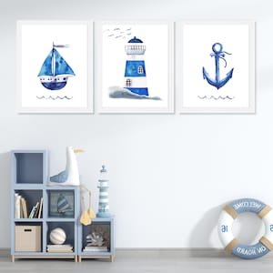 Coastal Decor Blue Watercolor Print Set of 3, Bedroom Wall Art, Nautical Nursery Decor, Lighthouse Sailboat Anchor, Bathroom Decor