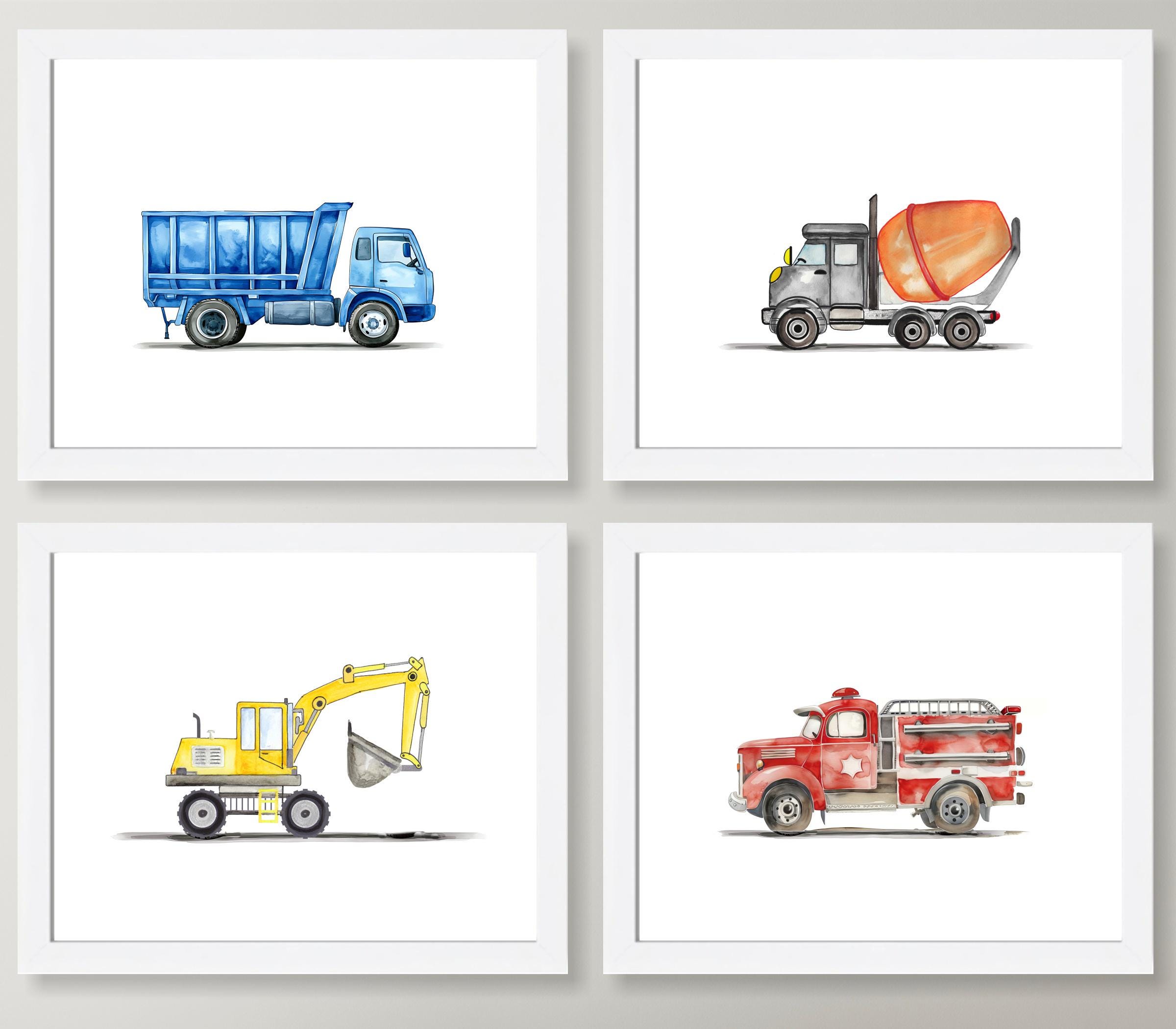 Construction Vehicle Nursery Wall Art Set of 4, Watercolor Dump Truck, Excavator, Cement Mixer & Fire Truck Prints