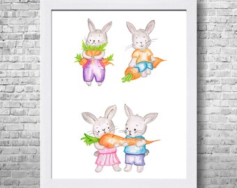 Rabbit Watercolor Print, Nursery Animal Art