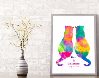 Liefde Katten Art Print, gepersonaliseerde huwelijkscadeau voor koppels Cadeau voor haar Hem, Verloving Verjaardagscadeau, Aangepaste Datum Naam Print