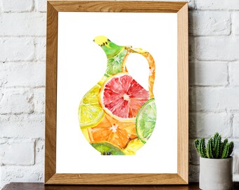 Citrus Juice Jug Watercolor Art Print: Modern Kitchen Decor