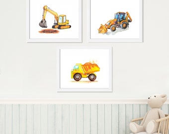 Construction Art Set of 3 Prints, Construction Theme, Transportation Nursery, Boys Room, Kids Wall Art, Vehicle Wall Decor, Truck, Excavator