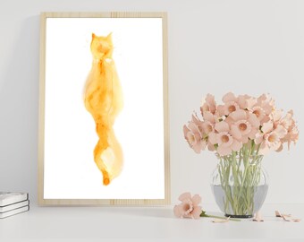 Minimalist Cat Wall Art, Watercolor Ginger Cat Print, Orange Cat Painting, Neutral Home Decor, Cat Lover Gift, Modern Animal Print