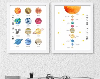 Solar System Art Print Set of 2, Planets, Sun & Moon, Nursery Decor, Outer Space Decor