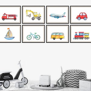 Transportation Nursery Art Prints: Car, Plane, Truck - Set of 8