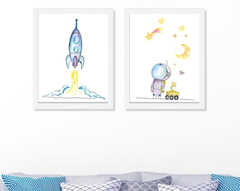 Space Nursery, Set of 2 Prints, Astronaut Art, Space Nursery Decor, Rocket Wall Art Print, Rocket Wall Decor, Outer Space Nursery