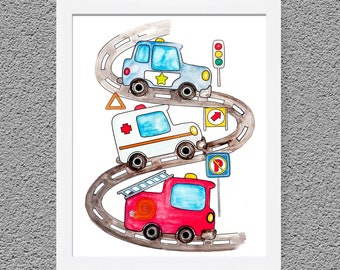 Rescue Vehicles Print, Police Car Art, Transportation Decor, Baby Boy Nursery, Kids Art, Nursery Decor, Fire Truck Print, Todler Room Art